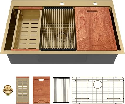 Lordear 36 Inch Drop In Kitchen Sink Matte Gold Stainless Steel 16 Gauge T304 Single Bowl Handmade Topmount Kitchen Sink with Workstation All in One 36x22x10 Inch
