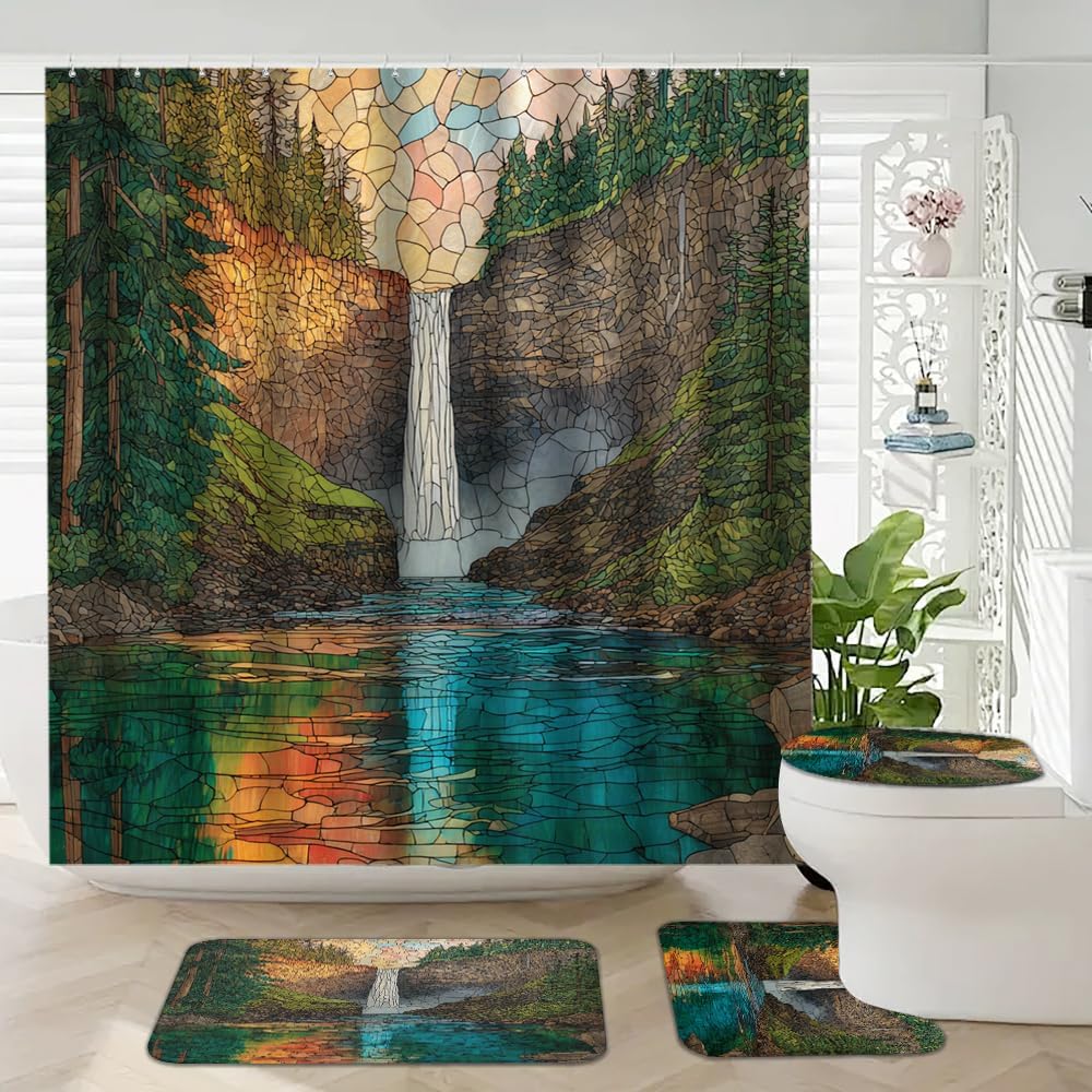 Abstract Forest Landscape 4-Piece Waterproof Shower Curtain Set with Non-Slip Rug, Bath Mat and Toilet Lid Cover, Includes 12 Hooks, Sunset Waterfall River Cliff Bathroom Decor