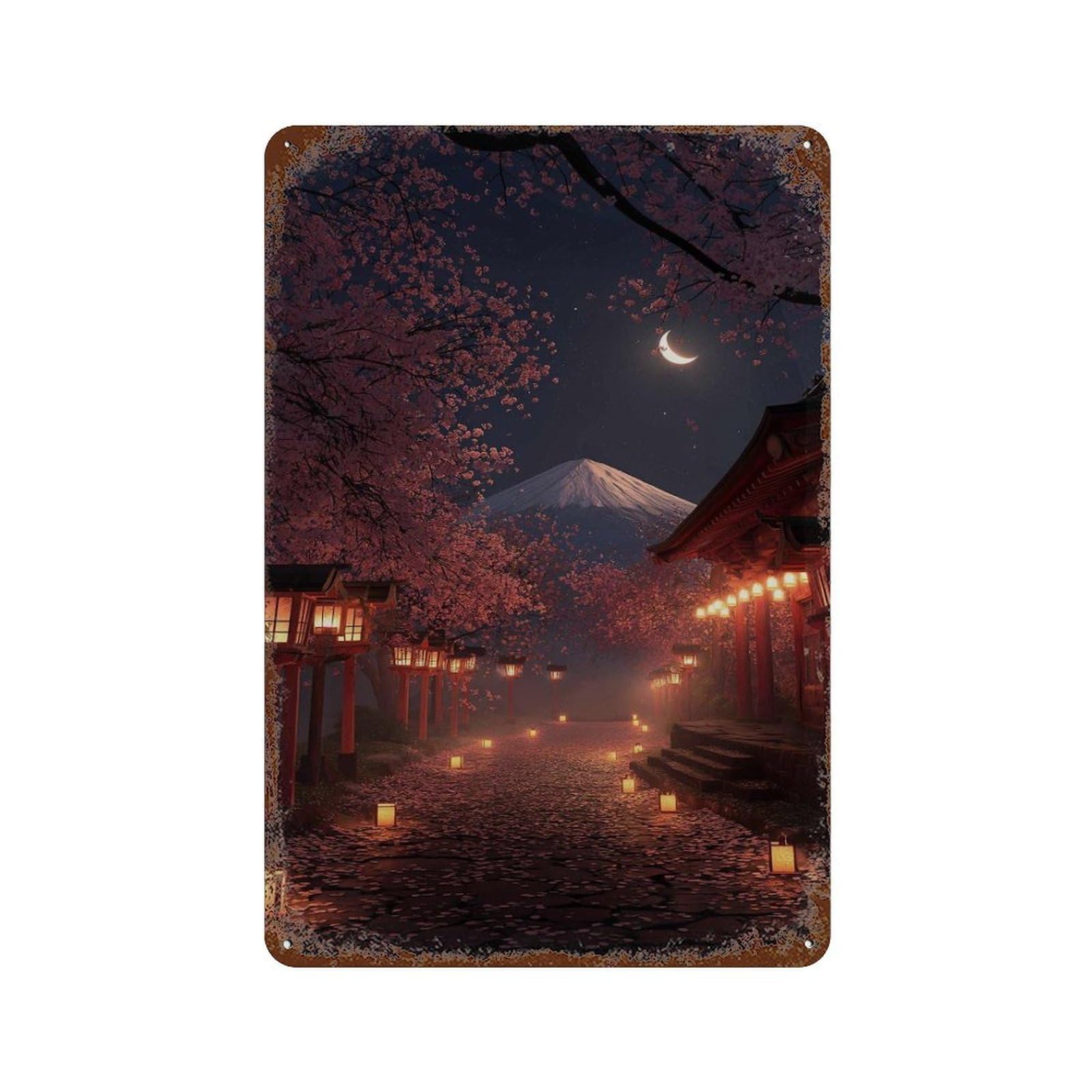 xiaoxiaoshen Mt Fuji Night Japanese Lantern Path Cherry Blossom Sakura Japan Temple Scene Tra Wall Decor Art Metal Tin Poster Modern Home Decor Art Home Bar Shop Decorations Vintage Sign 30x20cm
