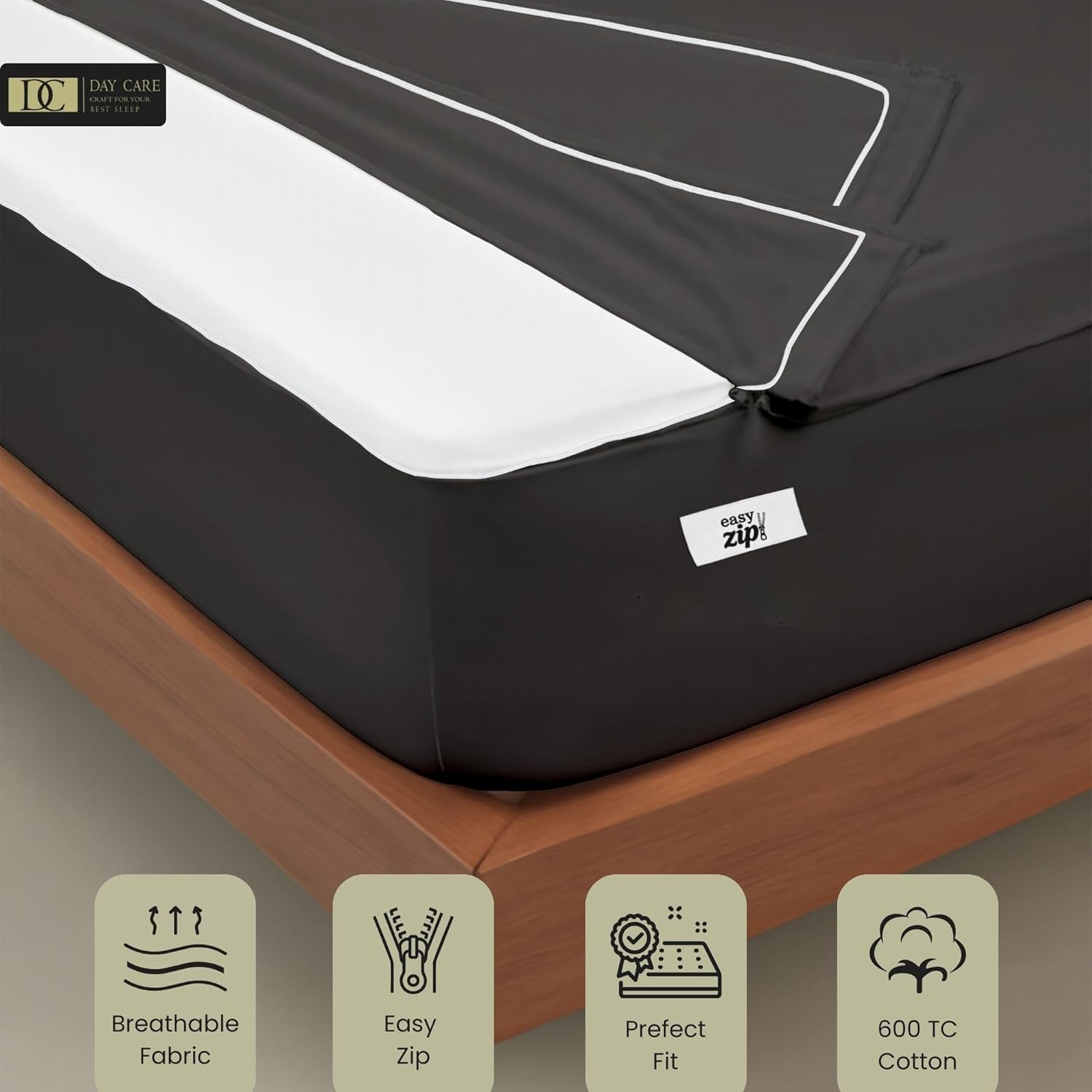 Zipper Fitted Sheet Easy Zip On Change 1 Base + 2 Zipper Sheet | 500TC 100% Cotton - 16" Deep Pockets | Won't Pop Off | King Size Bed - White