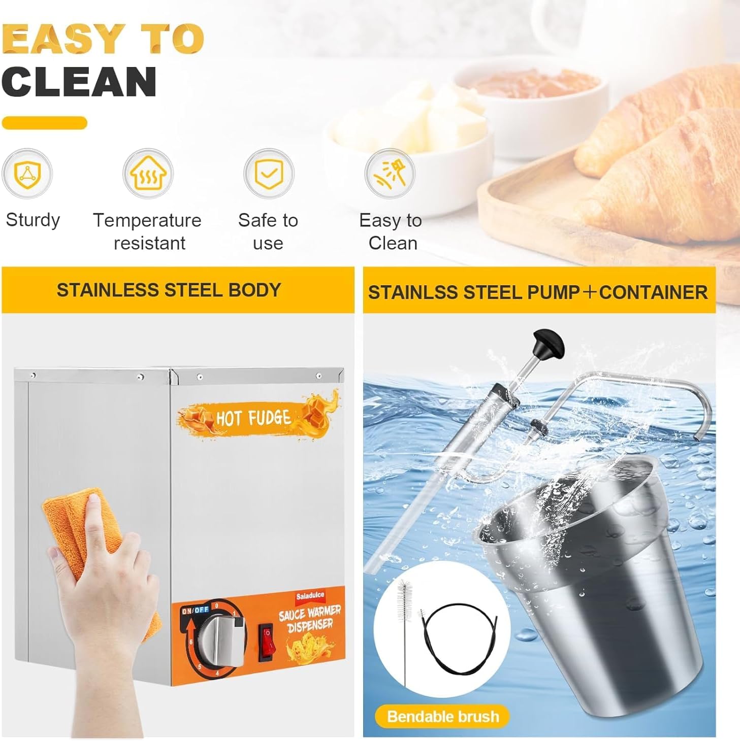 Nacho Cheese Dispenser with Stainless Pump, 4.2Quart Nachos Cheese Warmer Hot Fudge Dispenser for Nacho Cheese Fudge Syrup Butter