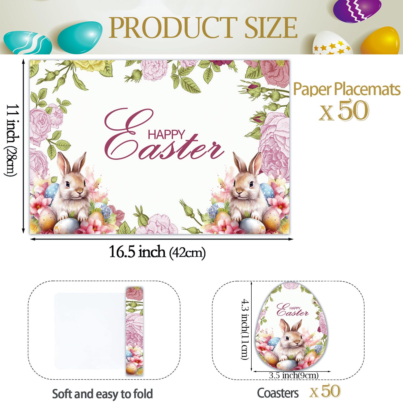 50 manteles individuales de papel de Pascua, manteles individuales desechables de papel con posavasos, 28 x 43 cm, manteles individuales de conejo, huevos de conejo, manteles individuales de primavera