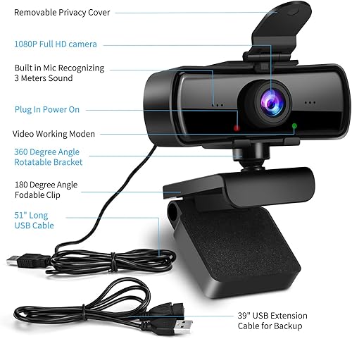 Miniatura 6 de Cámara web de escritorio HD de alta resolución 2040x1080 con micrófono para monitor de computadora de PC, cámara de transmisión USB con cubierta de