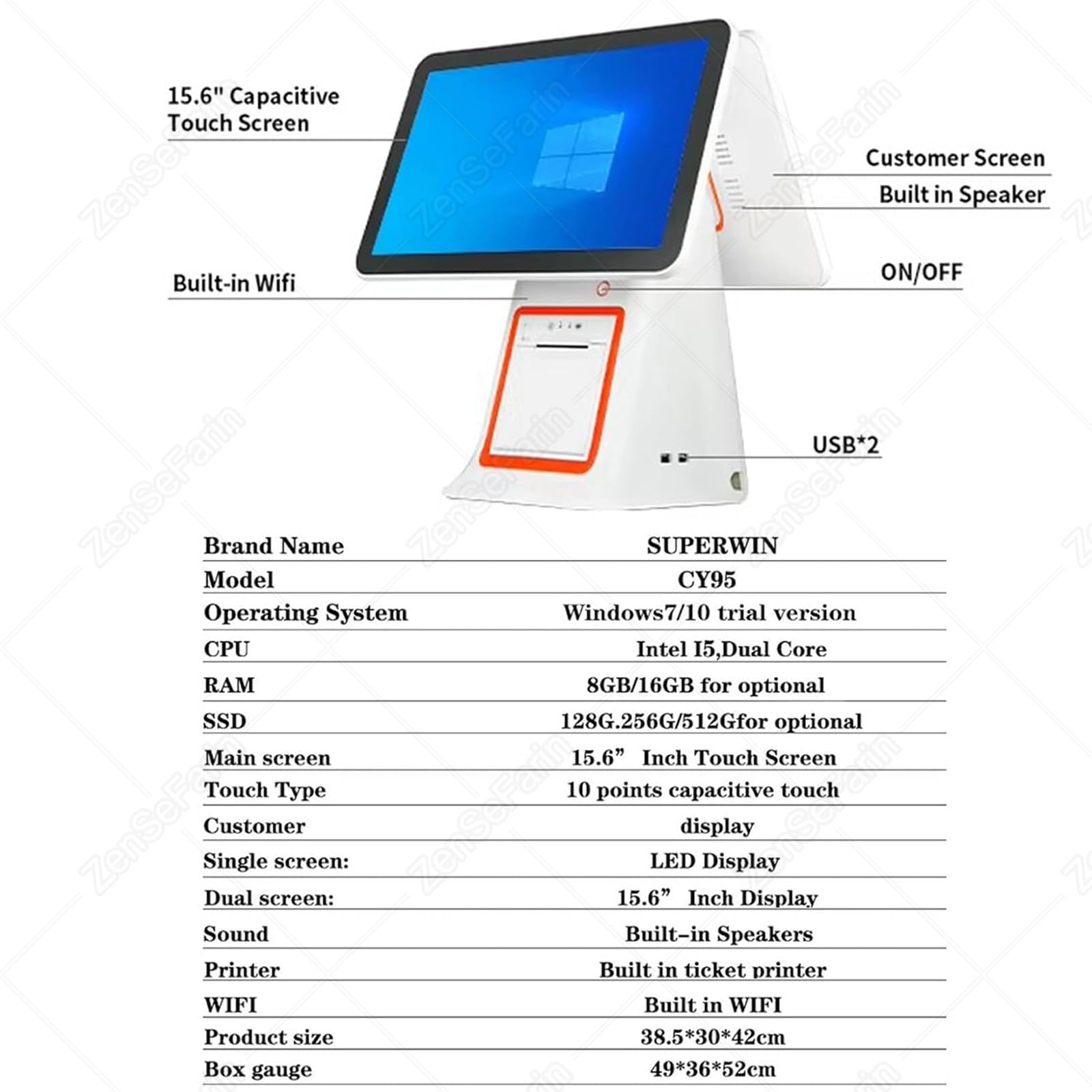 Caja Registradora Electrónica con 15.6" Pantalla Táctil, 8GB RAM, 128G SSD, Módulo WiFi E Impresora Térmica, Caja Registradora Inteligente para Restaurantes Y Tiendas White