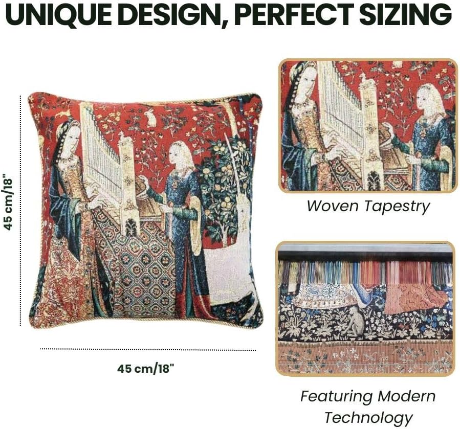 Signare Tapestry Designer Art Cushion Cover 18x18 inch Lady Unicorn Design (Sense of Hearing) (CCOV-Art-LU-HE)