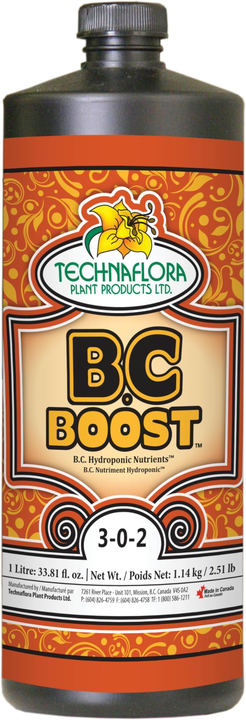 B.C. Boost Hydroponic Calcium & Iron Fertilizer 3-0-2 1 L | Liquid 3-0-2 fertilizer supplying nitrate nitrogen, calcium and chelated iron. Pairs with B.C. Grow and B.C. Bloom.