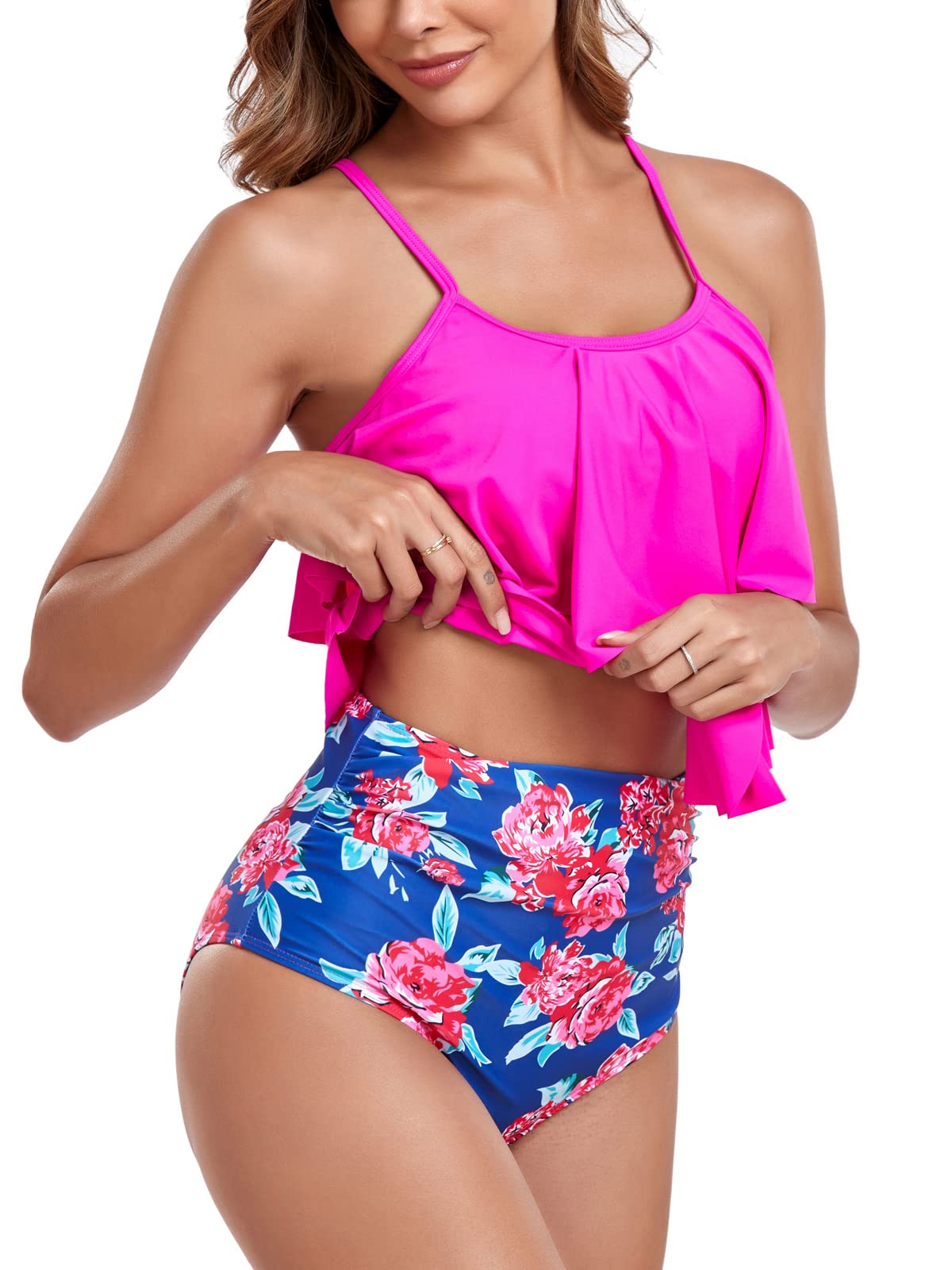 FLYILY Tankini Costume da Bagno per Donne Top Doppio Ruffle Vita Alta Costumi da Bagno 2 Pezzi Costumi da Bagno Bikini Set