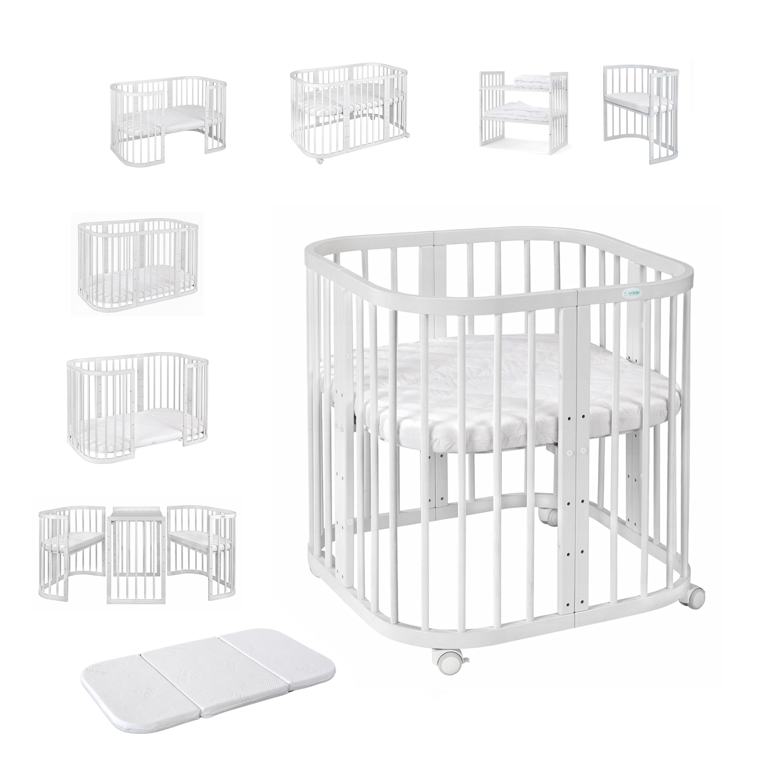Waldin Babybett aus Holz 7in1 – Mit Matratze, Mitwachsendes Kinder-Bett, All-Inclusive-Set