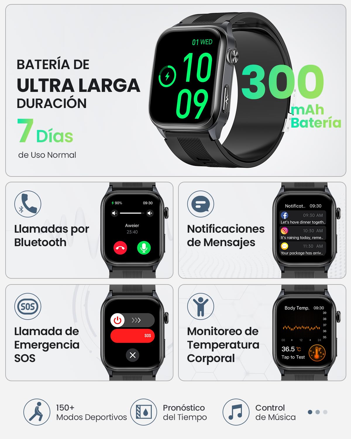 FOSMET S101 Reloj Inteligente Hombre Presión Arterial, 24H ECG HRV, Negro | 2.06" AMOLED Smartwatch Salud, SpO2, IMC, Frecuencia Cardíaca, Monitor de Sueño, Estrés, Llamadas Bluetooth con Android e iOS