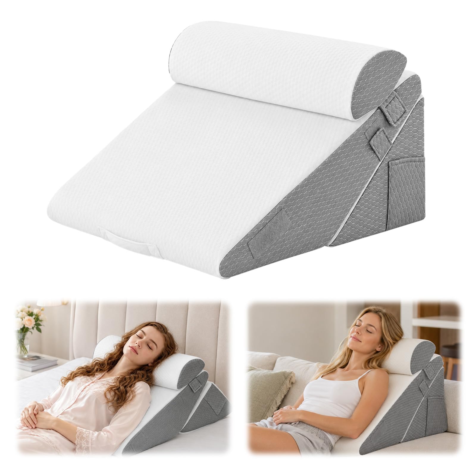 Juego de 3 almohadas ajustables en cuña para cama, almohada de reflujo de espuma viscoelástica, almohada ortopédica para apoyo postoperatorio, cojín de espalda, cojín de lectura para cama y