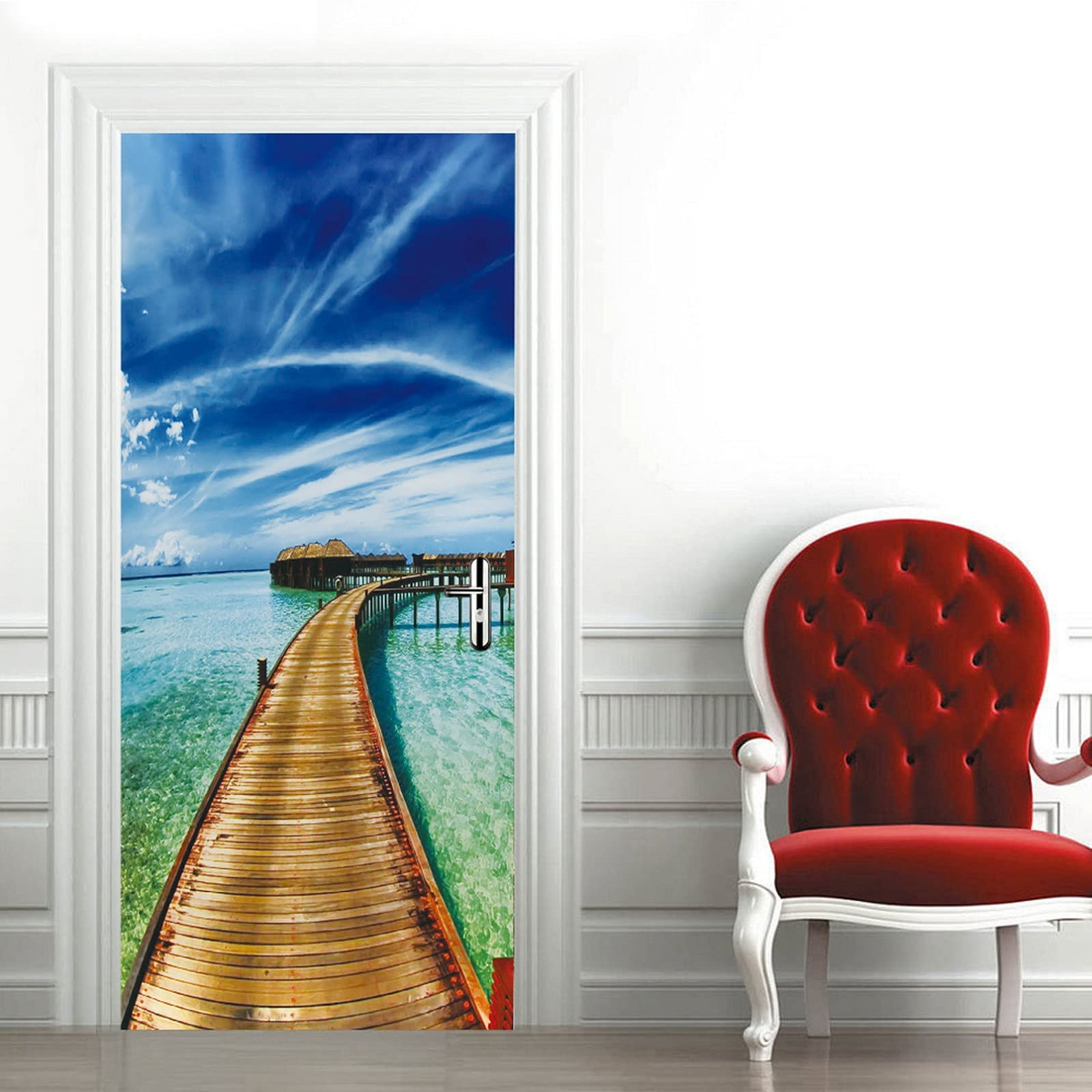 Sticker Porte 3D Île Tropicale Maldives - Poster Autocollant Paysage Palmier Plage 83x204 Cm