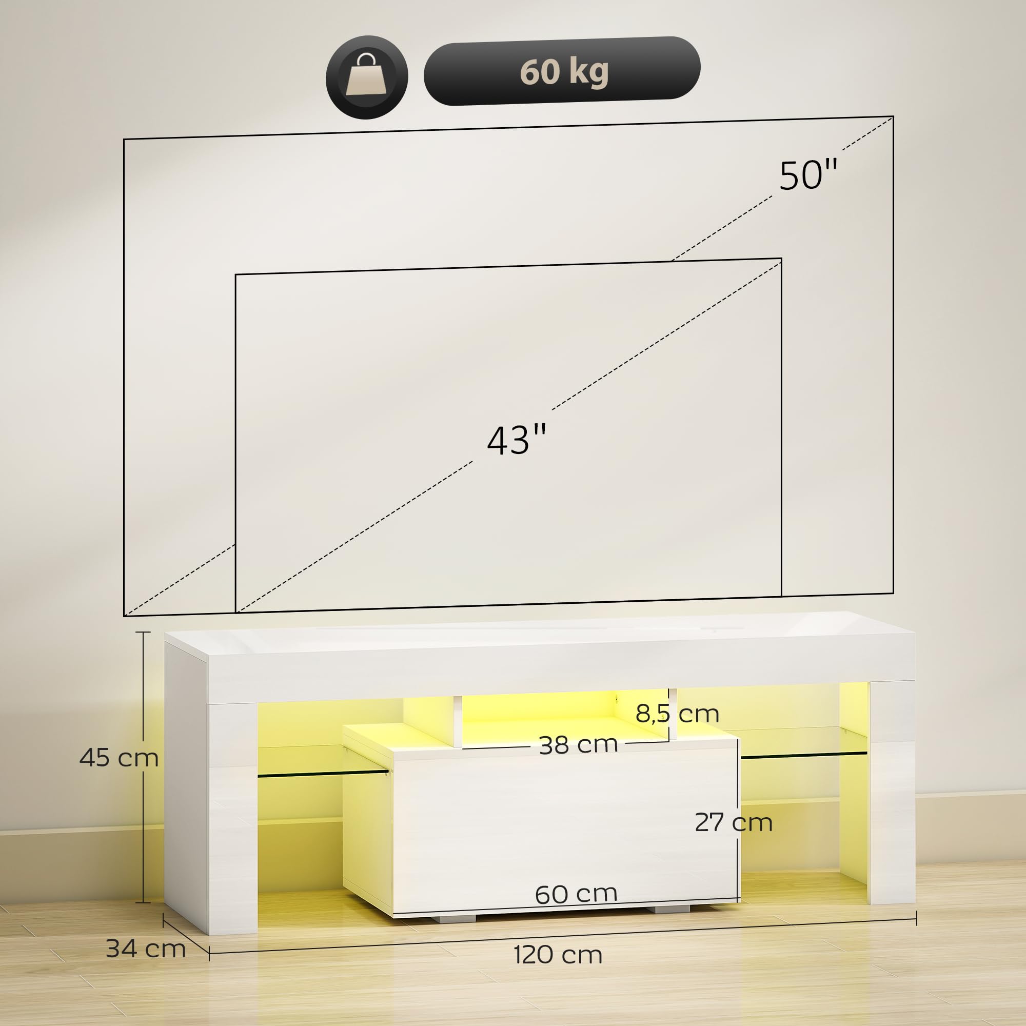 HOMCOM Mueble TV 120 cm con iluminación LED RGB, alto brillo, mueble de TV para hasta 43-50 pulgadas, estantes de cristal templado y armario abatible, banco de TV para sala de estar, dormitorio