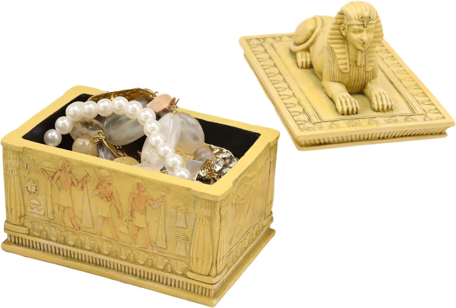 Ebros Egyptian Guardian Sphinx Decorative Rectangular Box In Sandstone Finish 4.25" Long Classical Egypt Monument Androsphinx With Hieroglyphic Deities Jewelry Trinket Box Sculpture