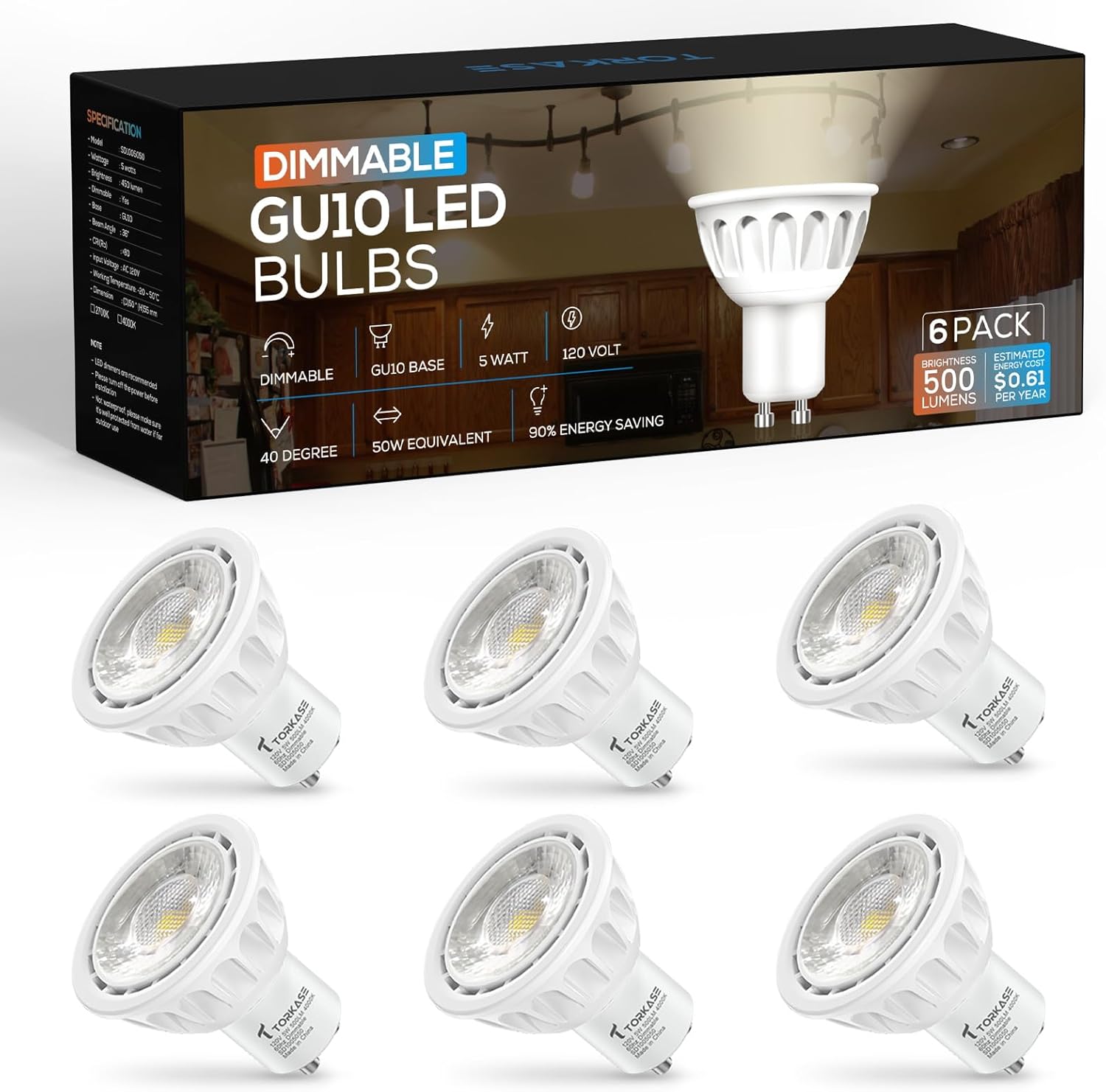Torkase Dimmable MR16 LED Light Bulb,GU10 Base,120V,4000K Neutral White,5W(50W Halogen Replacement),500LM,40° Narrow Beam Range Hood Light Bulb for Recessed Track,Kitchen,Living Room,Bedroom-6 Pack