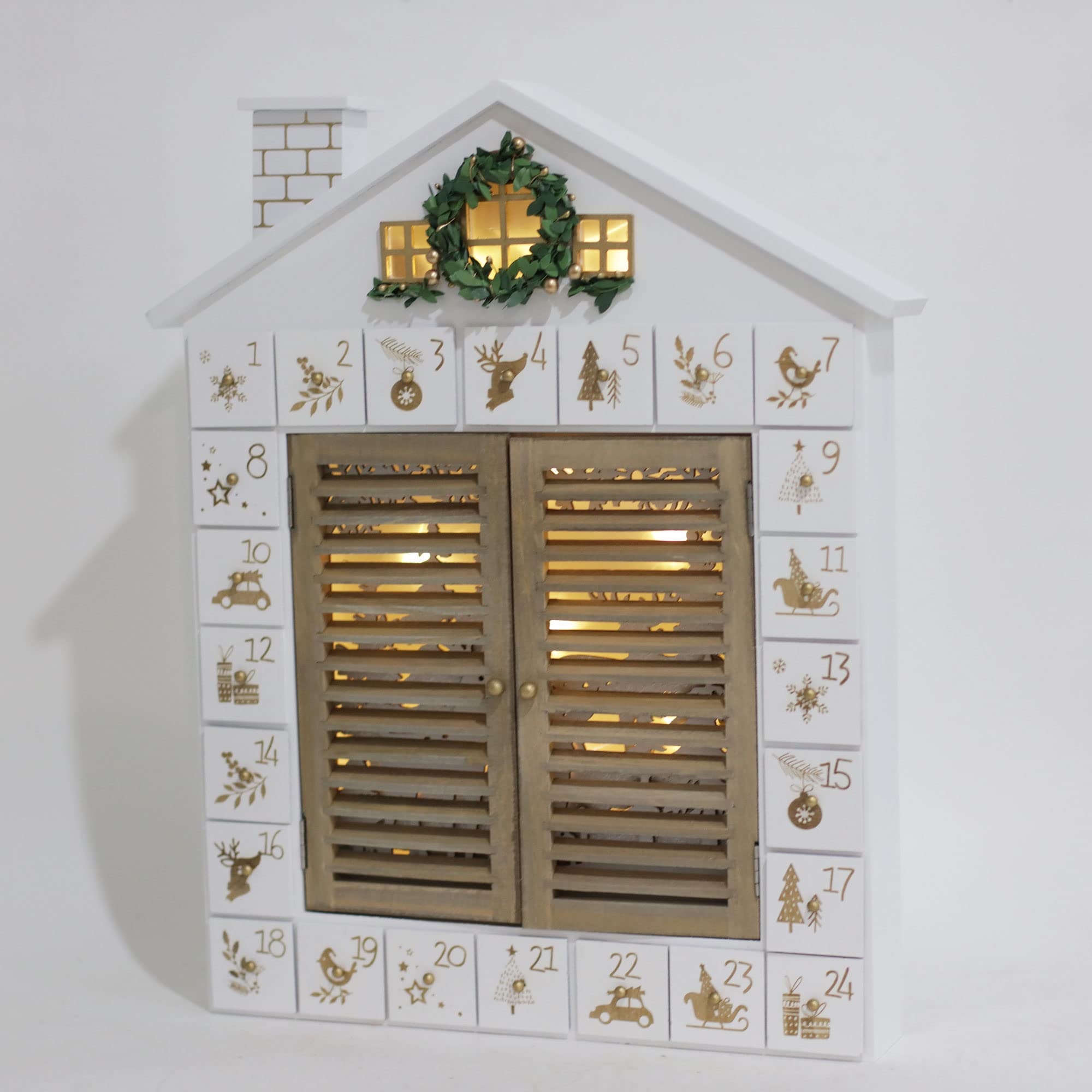 Wooden Christmas Advent Calendar House with Blinds Style LED lighting Reindeer Forest Xmas Gifts for Adults PIONEER-EFFORT