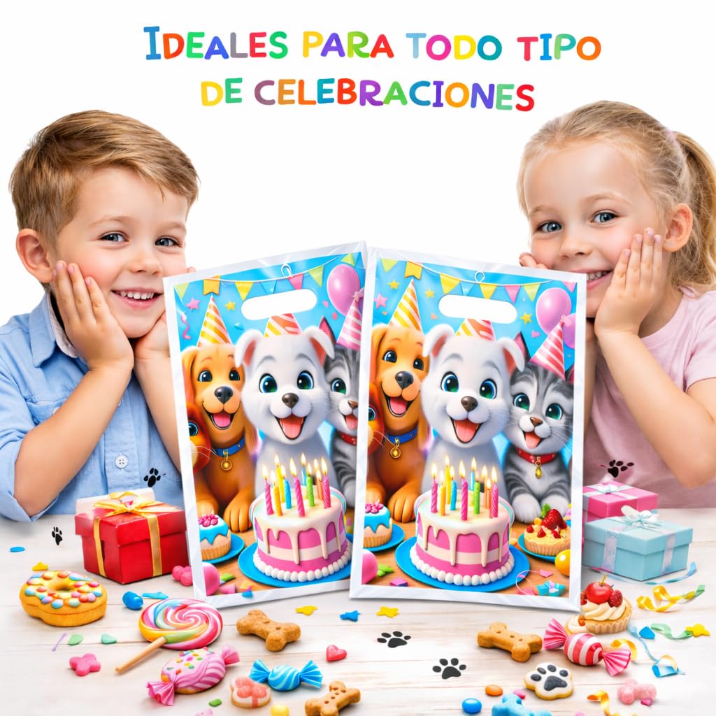 25 Bolsas Cumpleaños Infantil para Chuches – Bolsitas Regalo Fiesta Niños, Bolsas para Cumpleaños, Guardería y Eventos | Diseño Perritos y Gatitos - HAIYMA