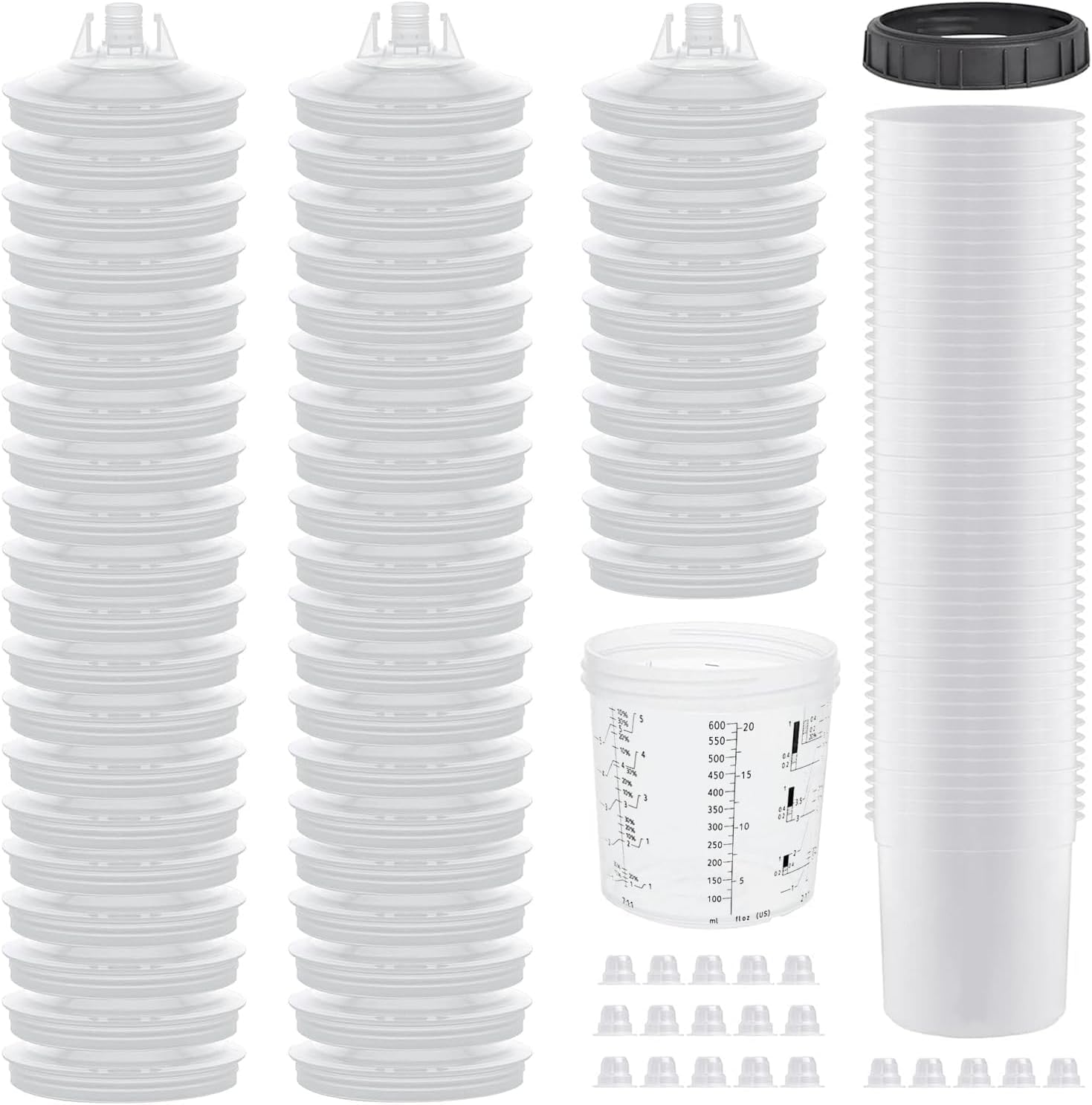 Disposable Paint Sprayer Mixing Cup for Automotive Paint Gun,Compatible with Original 1.0 System(not 2.0)-50pcs 20 Ounce Kit-50 Cup Liners,50 Lids with Strainer,1 Hard Cup with Retainer Ring,20 Plugs