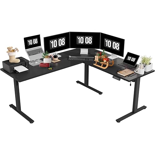 SANODESK Electric Corner L-Shaped 71 x 63 in Standing Desk, Memory Height Adjustment, Black Top Black Frame