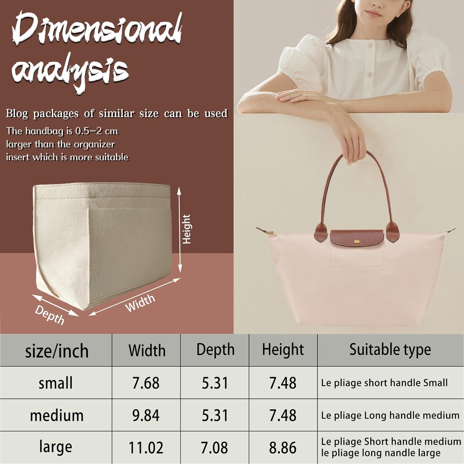 Felt Organizer Insert for Longchamp Le Pliage Handbag Women Purse organizer 1012-25beige-M - Image 6