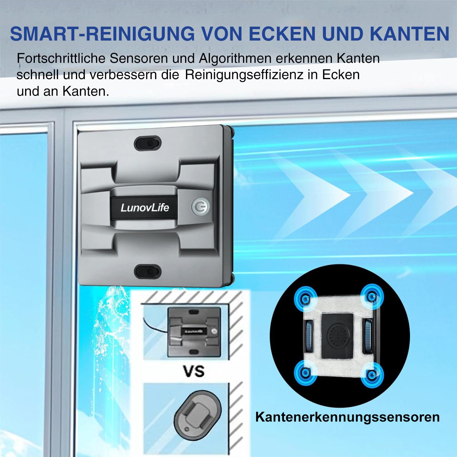 Fensterputzroboter 5600Pa mit 6-Düsen Sprühsystem, Fenstersauger für rahmenlose Fenster, App & Fernbedienung, Automatischer Fensterreiniger, 22.5x22.5x6.5cm