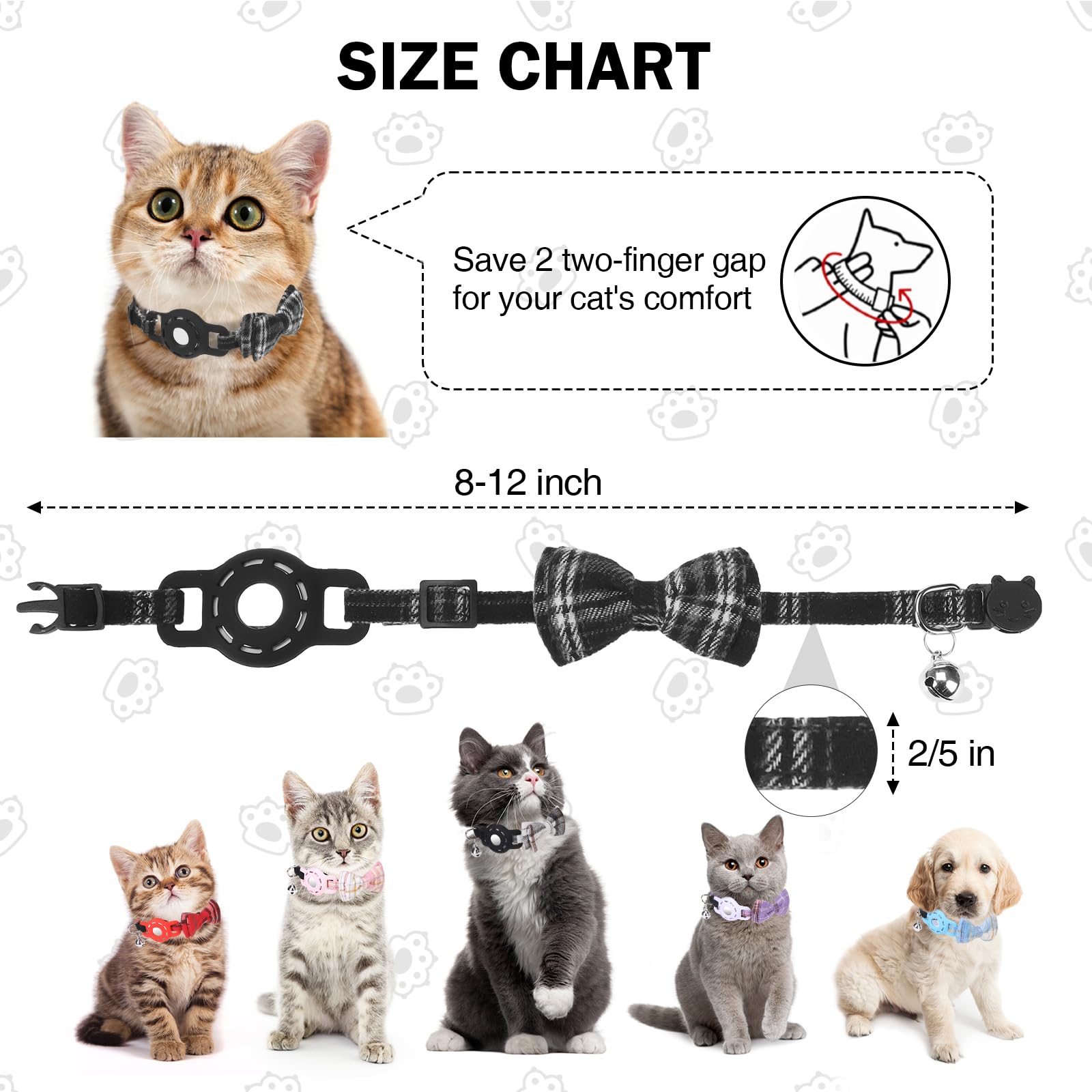 Collar de gato Airtag con campanas y pajarita, bonita banda elástica de seguridad ajustable, collares para mascotas con soporte impermeable para Airtag, collares de gato con rastreador GPS