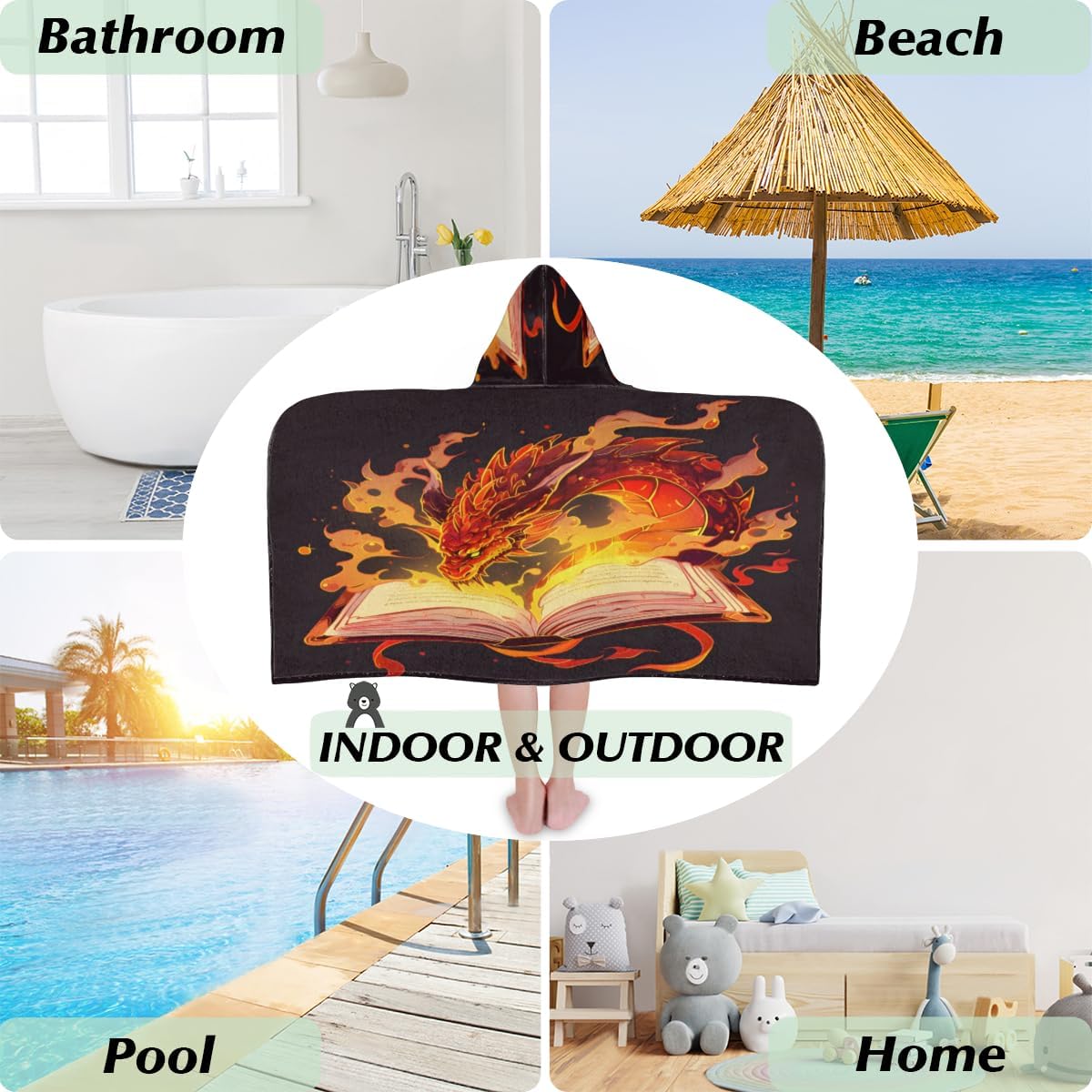 Pardick Kids Bath Towel Magic Book Dragon Beach Towel with Hood Pool Cover Up for Girls Boys Soft Absorbent Hooded Bath Towel Toddler Towels for Beach, Pool