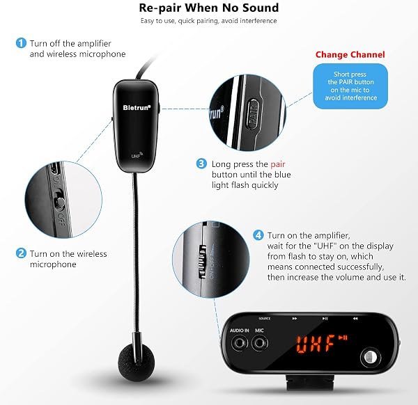 Bietrun Amplificateur de voix pour enseignants avec Bluetooth, amplificateur de voix sans fil portable rechargeable avec casque, microphone, haut-parleur mégaphone portable pour enseignement, - 4