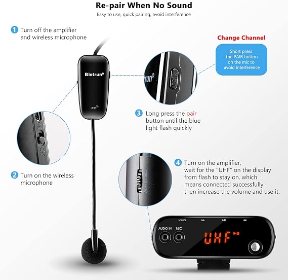 Bietrun Voice Amplifier for Teachers with Bluetooth, Portable Rechargeable Wireless Voice Amplifier with Headset Microphone Portable Megaphone Speaker for Teaching, Coach, Instructor, Tour Guide