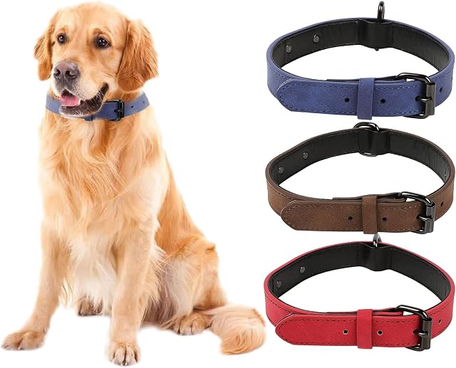 Sunallwell Dog Collar, Adjustable Soft Super Fiber Leather Padded Collar Heavy Duty for Small Medium Large Size Dogs(Fit Neck Girth 15-19 in/weight 33-66lb) with Alloy Buckle D Ring (Blue)