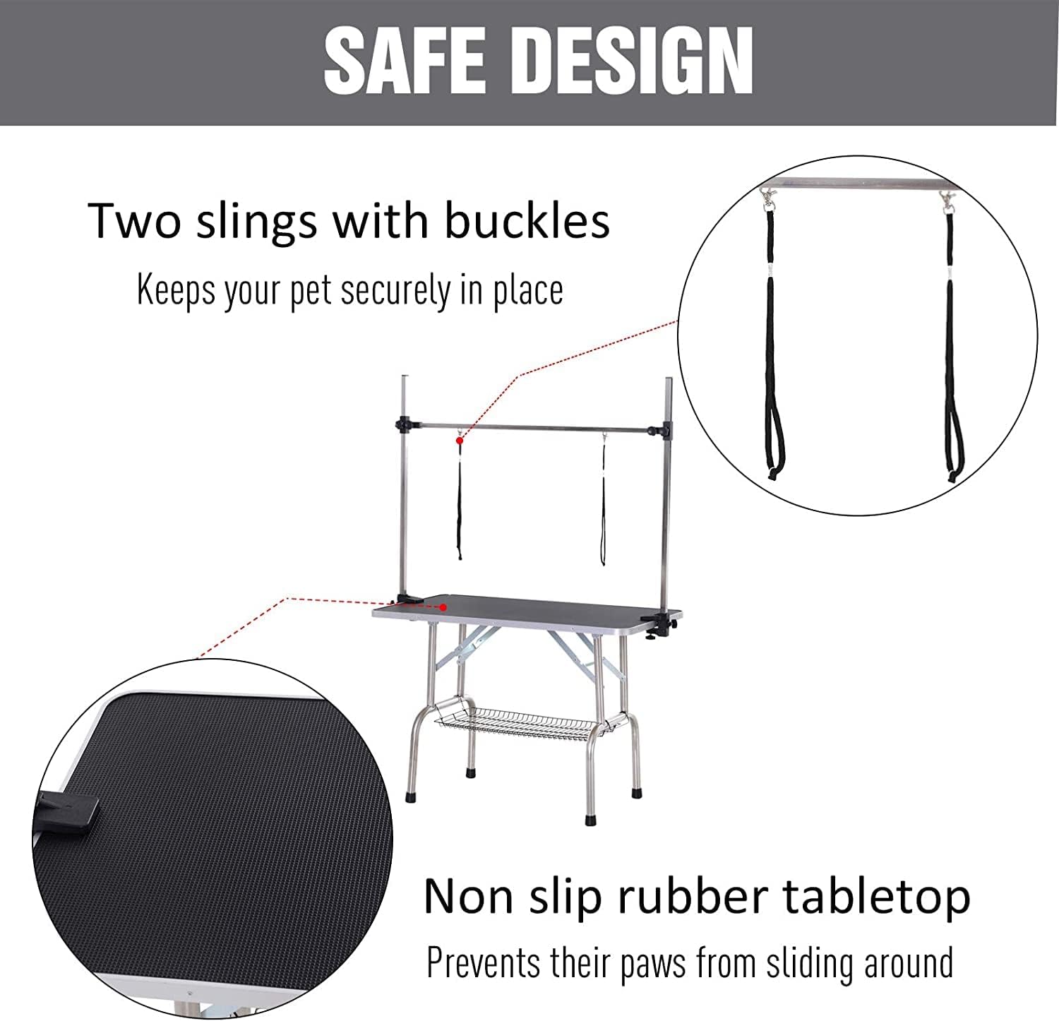 Dog Pet Grooming Table for Large Dogs Adjustable Height - Stainless Steel Foldable Professional Pet Station at Home, Portable Trimming Table Drying Desktop with Arms Nooses & Mesh Tray, 46''/ Black