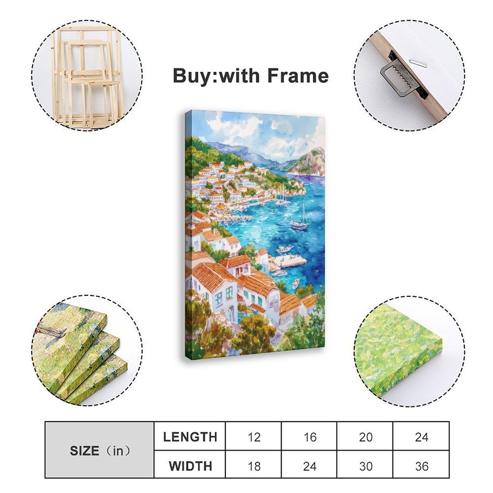 F I N U C B Kas Aquarell-Poster, Wandkunst, Kas, Wandbehang, Heimdekoration, Geschenk, Kunstliebhaber, Türkei, Liebhaber, Geschenk, Leinwand, Dekoration, Druckrahmen, 50,8 x 76,2 cm