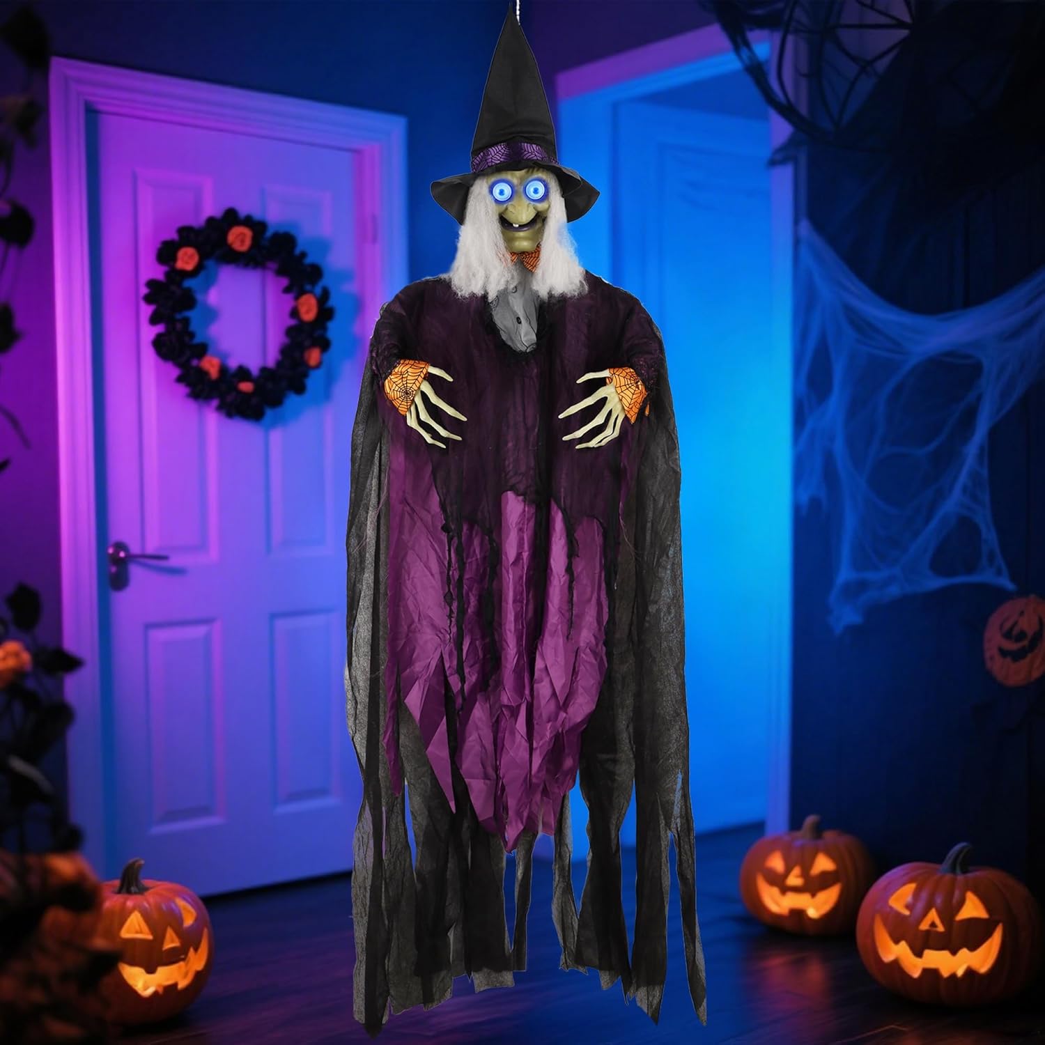 Prsildan 6.6FT Hanging Witch Halloween Decorations Outdoor, Animated Talking Witches with Color-Changing LED Eyes & Scary Sounds, Touch & Sound Sensor Halloween Decor for Yard Porch Haunted House