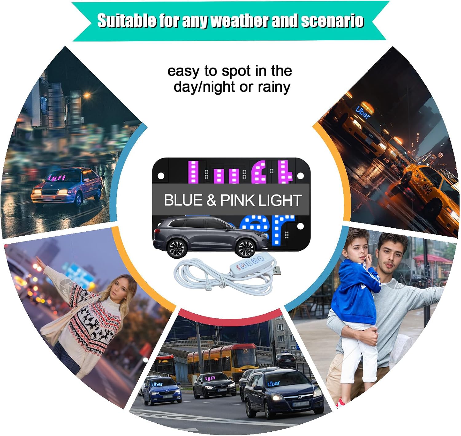 Blue and Pink LED，Light Signs for Car, USB Type-C Touch Dimmer Control, Suction Cup Mount， Light Board Sign Suitable for All Cars