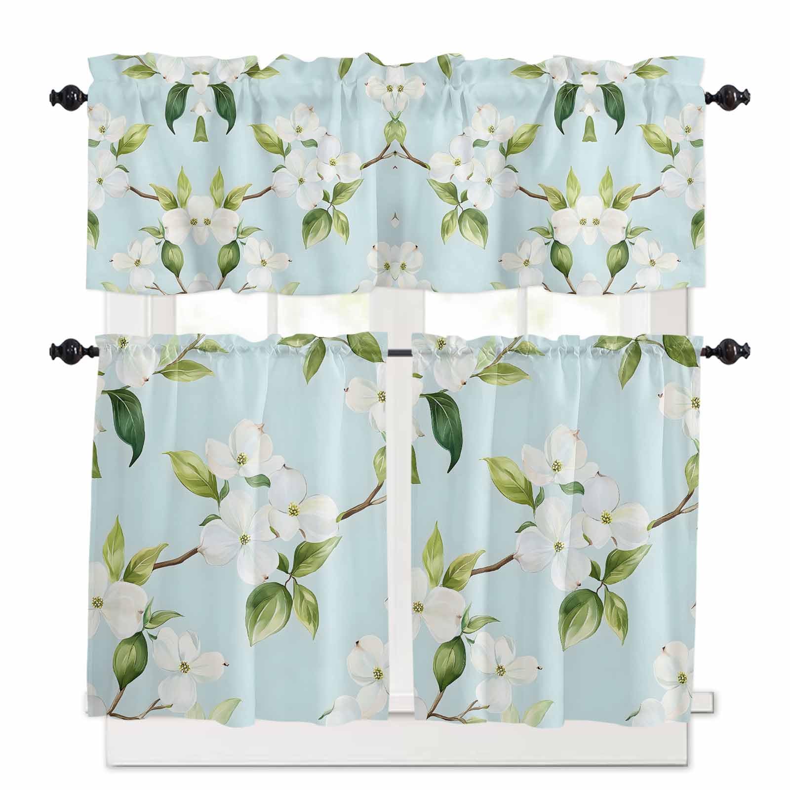 Yomandocix Kitchen Curtains and Valances Set, Summer Flower Rod Pocket Curtains Tier Farmhouse Window Treatment 36 Inch Length, Country Floral Wildflower Garden Plant 3 Piece Kitchen Curtain Set