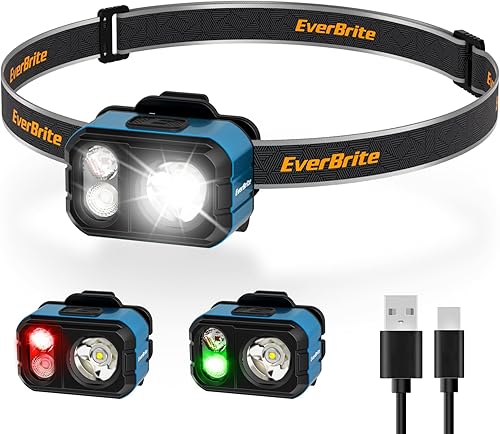 Miniatura 1 de EverBrite Linterna frontal LED recargable, solo 1.59 onzas ultra ligera con clip para sombrero, IP67 impermeable, luz blancarojaverde, 7 modos para
