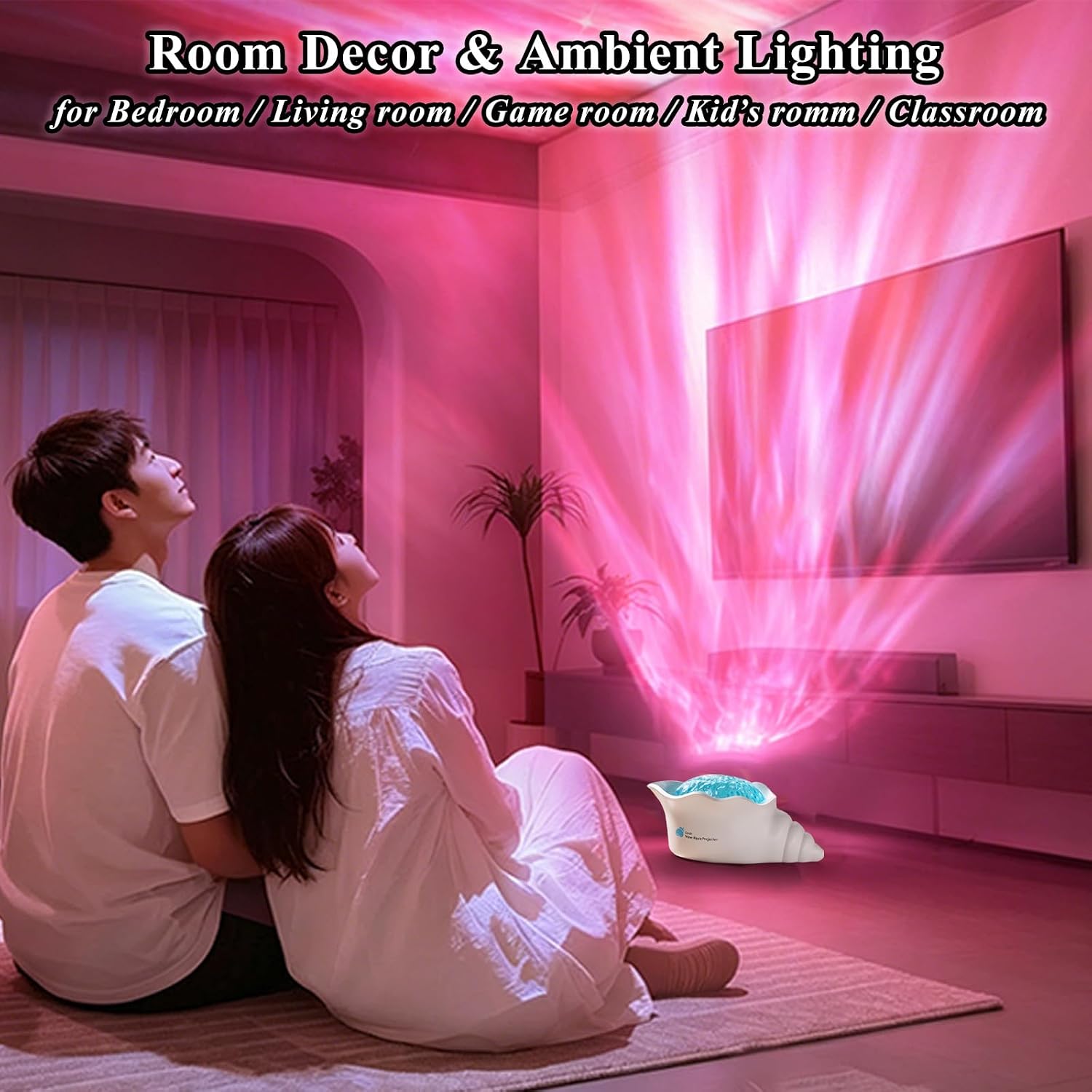 Conch Ocean Wave Light Projector, 14 Colors Changing Dynamic Ripple Light Dimmable Mood Lighting with Memory Function, 5 White Noise, Decor Lamp for Bedroom Bathroom Playroom Cool Gifts