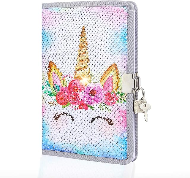 Beinou Unicorn Sequin Diary with Lock and Key, Girls Journal Mermaid Sequin Notebook Kids Travel Diary Unicorn Gift for Boys and Girls School Notebook