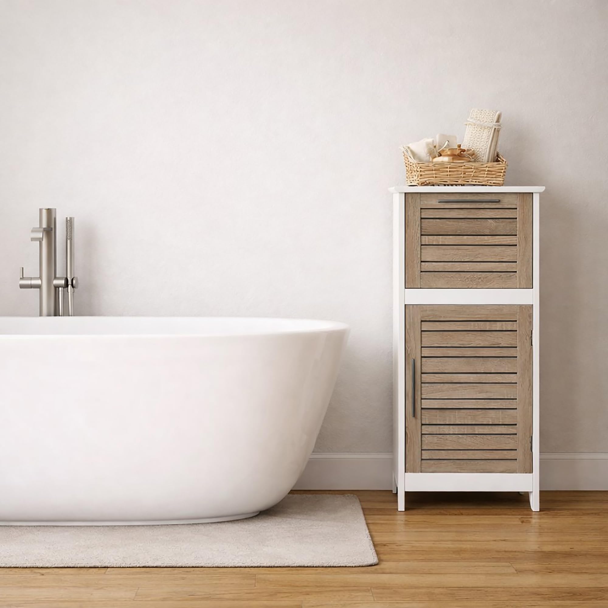 Tendance Colonne Meuble bas de salle de bain - 1 porte et 1 tiroir - Aspect Chêne vieilli