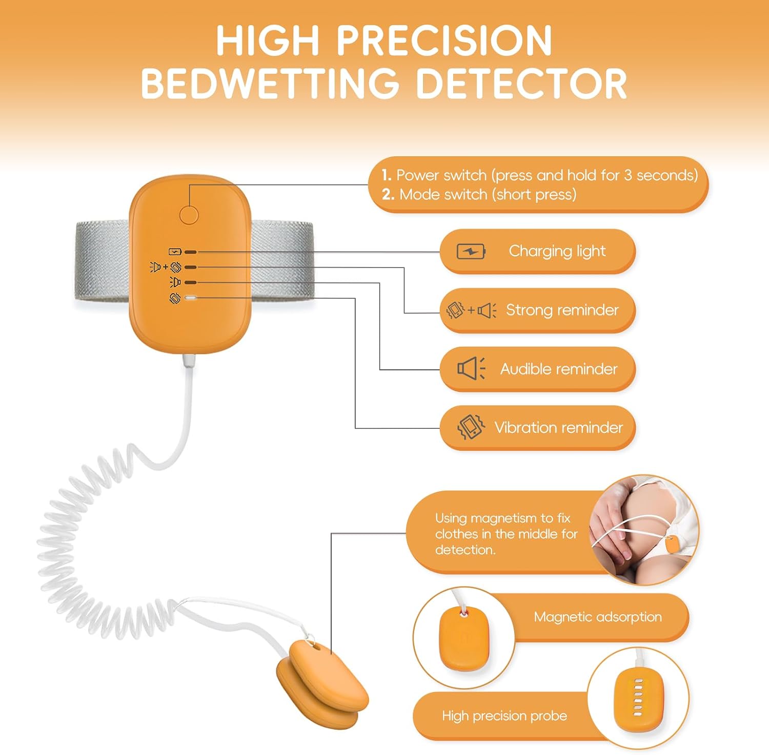 Bed Wetting Alarm for Girls,Boys,3 Alarm Modes-Loud Sound,High Sensitivity Sensors,USB-Charging,Standby Time Over 120 Hours(Orange)