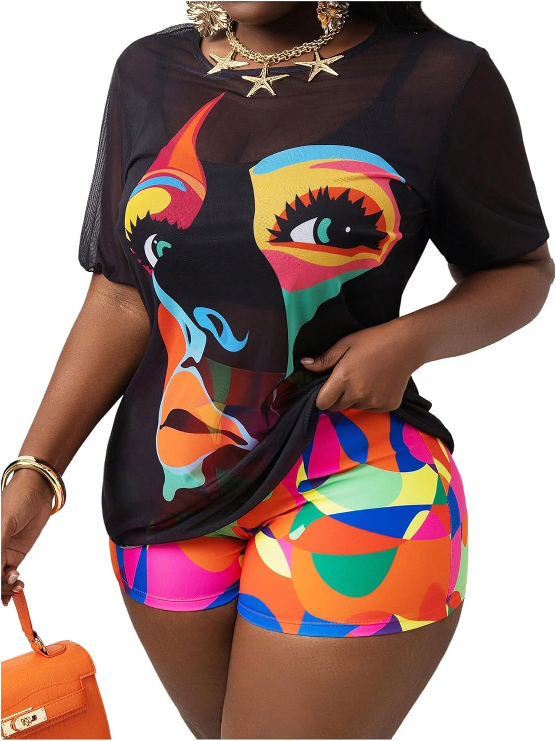 Women's 3 Piece Plus Size Swimsuit Tankini Shorts Set High Waisted Bathing Suit Graphic Beachwear with Mesh Cover Up