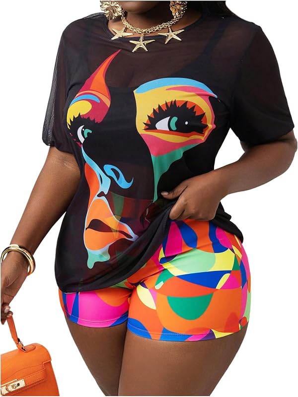 Women's 3 Piece Plus Size Swimsuit Tankini Shorts Set High Waisted Bathing Suit Graphic Beachwear with Mesh Cover Up
