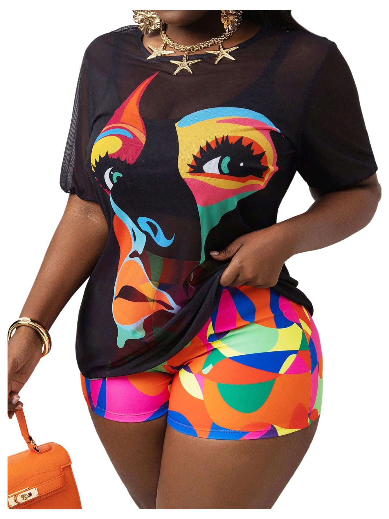 beaudrm Women's 3 Piece Plus Size Swimsuit Tankini Shorts Set High Waisted Bathing Suit Graphic Beachwear with Mesh Cover Up-picture-36