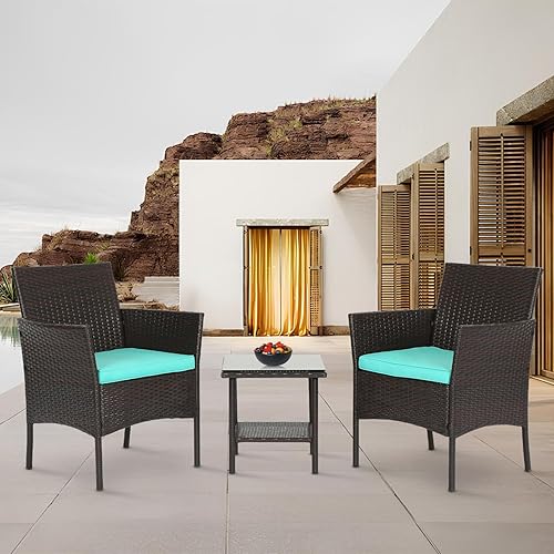 Miniatura 7 de FDW Juego de 3 piezas de muebles de exterior de mimbre marrón para patio, juego de sillas de ratán para bistró, juego de conversación, 2 sillas