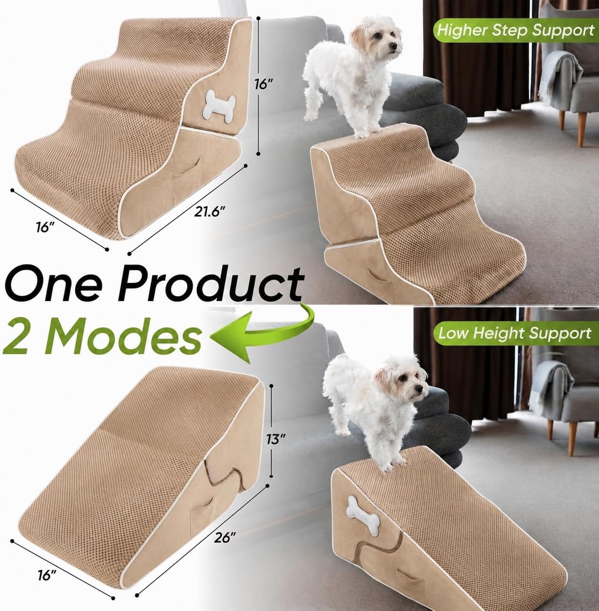 Dog Stairs for Bed & Couch – BuddyRamp 2-in-1 Foldable Pet Steps and Ramp, 3-Step Soft Foam Stair with Non-Slip Surface for Small & Senior Pets, Beige