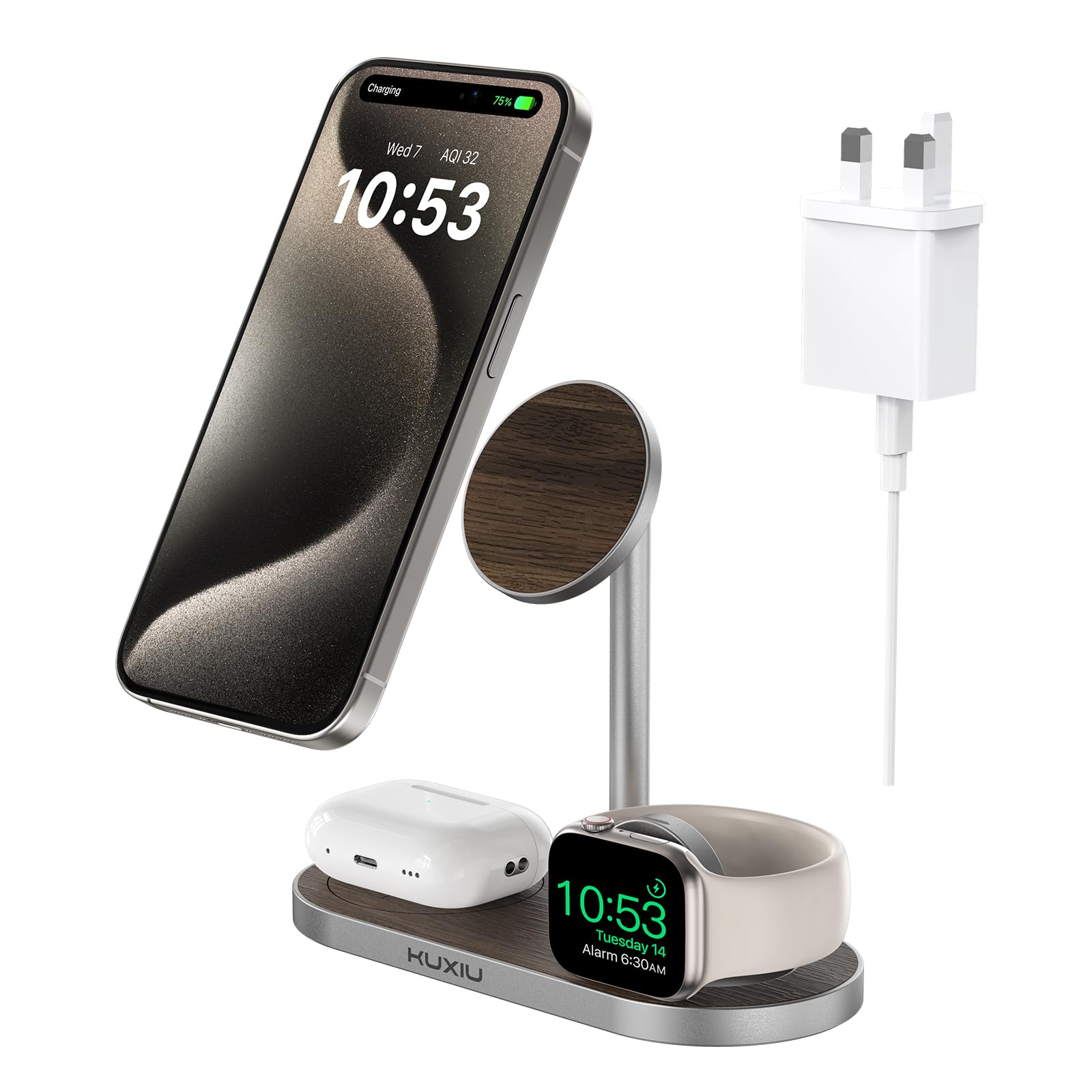 KU XIU3 in 1 Wireless Charging Station for Mag-safe Aluminum Alloy Charger Stand, Magnetic Wireless Charger for iPhone 16/15/14/13/12 Series for Apple Watch S1-9/Ultra, for AirPods
