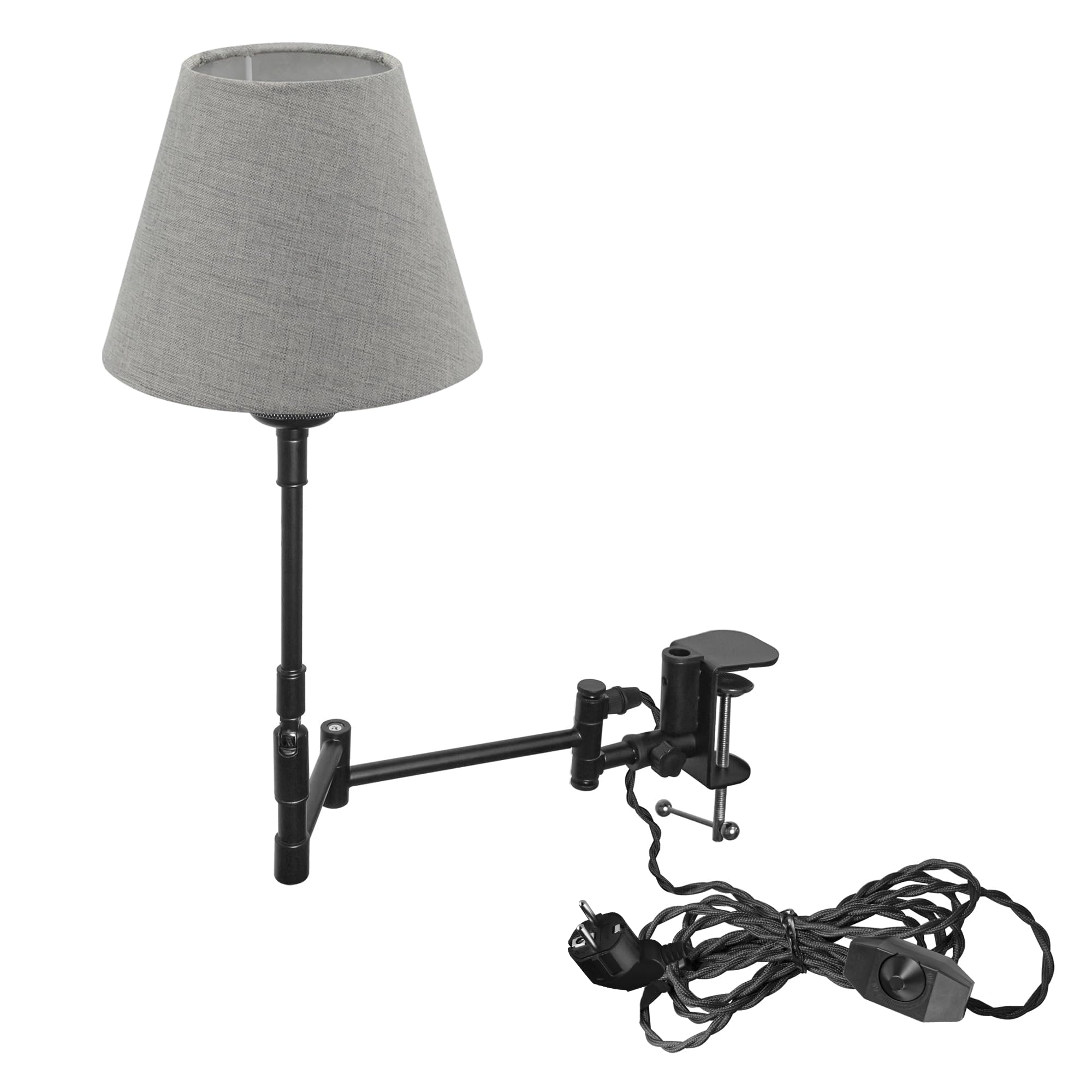 Lampada a morsetto industriale con 2,5 cavi interruttori, clip regolabile su lampada da lettura, lampada da comodino dimmerabile con braccio flessibile per scrivania, comodino, scaffale
