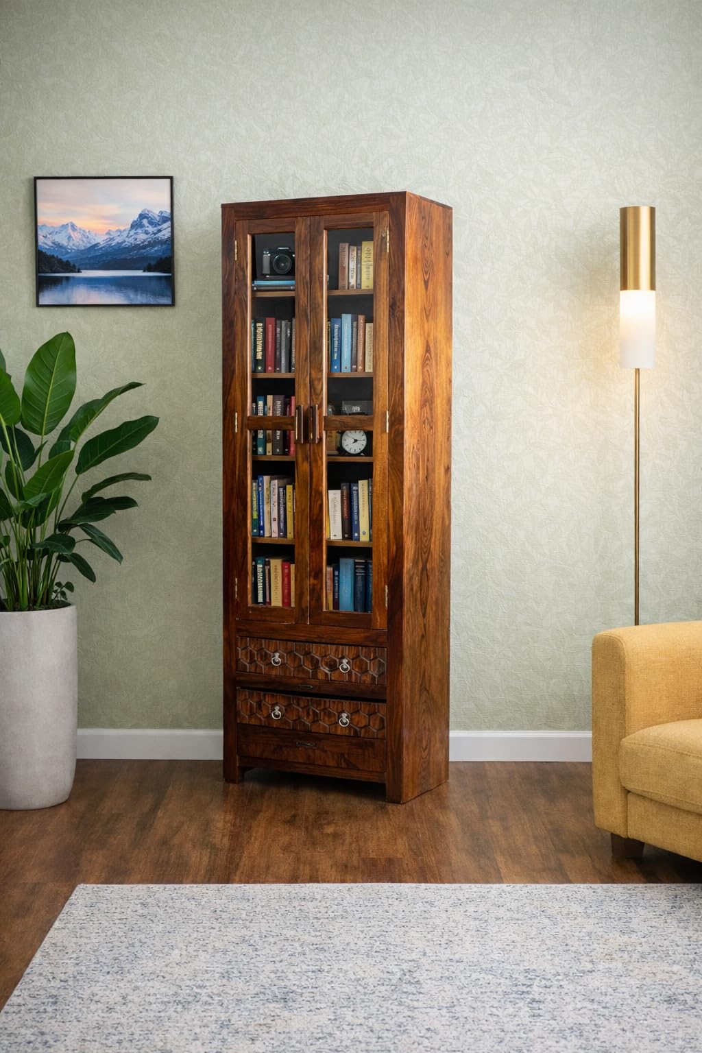 Varsha Furniture Sheesham Wooden Book Shelf & Cabinet | Glass Door