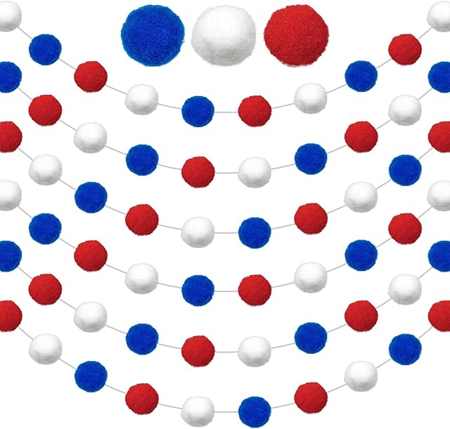 Red White and Blue Pom Pom Garlands (2 x 79 Inches - 30 Balls Each, 25mm Diameter) Union Jack Queens Jubilee 2022 Decorations. Wool Felt Pieces and Strings for Outdoor Celebrations and Street Parties