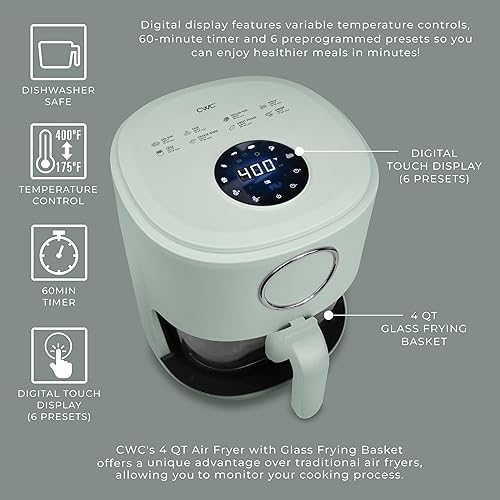Miniatura 3 de Cook with Color Freidora de aire de 4 cuartos de galón de 1200 W diseño elegante, cesta de vidrio, apta para lavavajillas, pantalla digital, 6