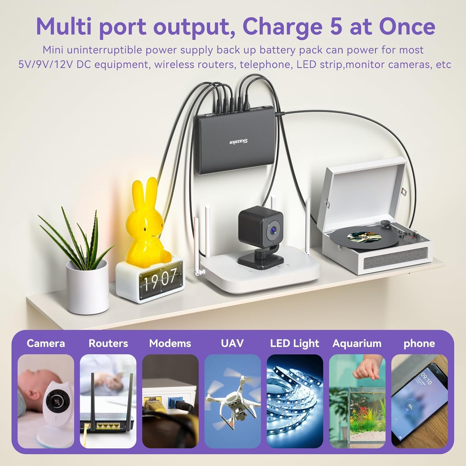 Mini UPS Skazeke 20000 mAh Mini UPS con 5 uscite DC 5V/9V/12V/3A,USB 5V/3A, alimentazione Wi-Fi senza interruzioni per router/modem/telecamera IP/pompa